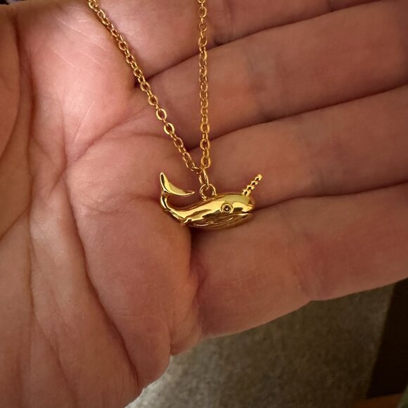 18K Gold Plated Narwhal Whale Pendant Necklace Gold Plated Stainless Steel Chain - Picture 3 of 12